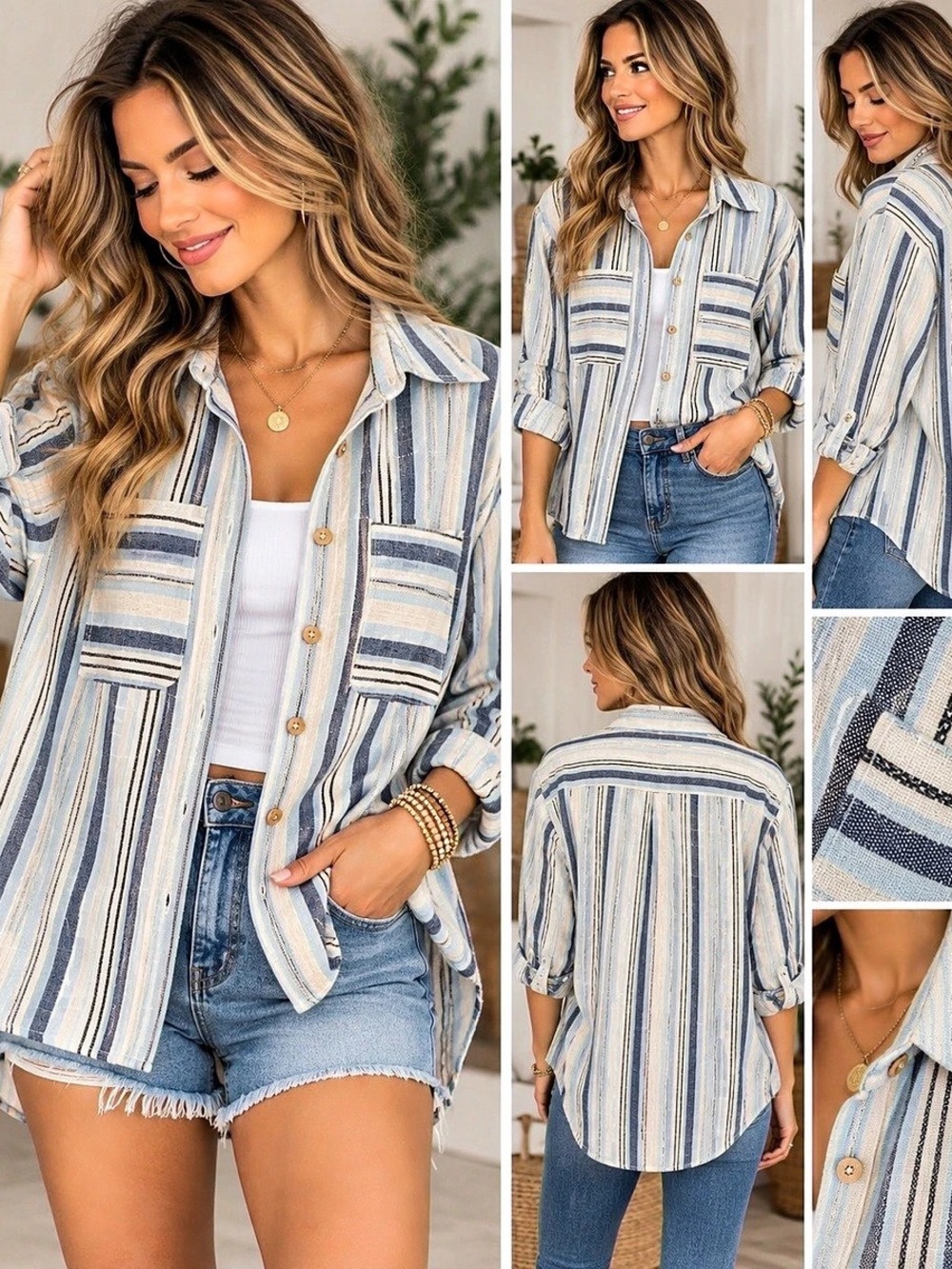 Doe & Rae Striped Button Down Shirt in Blue & White: size large
